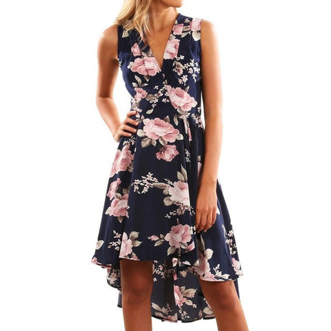 Floral Print Deep V Neck Mini Dress